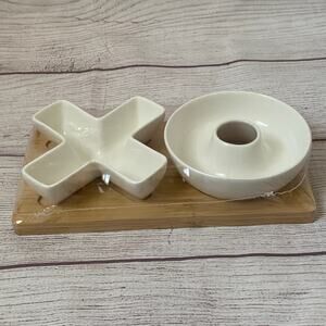 X and O Porcelain Appetizer Set with Bamboo Tray 3 Piece Trinket Ring Dishes